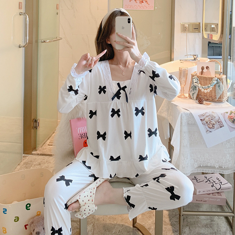 Lace wears outside sweet homewear long sleeve pajamas a set