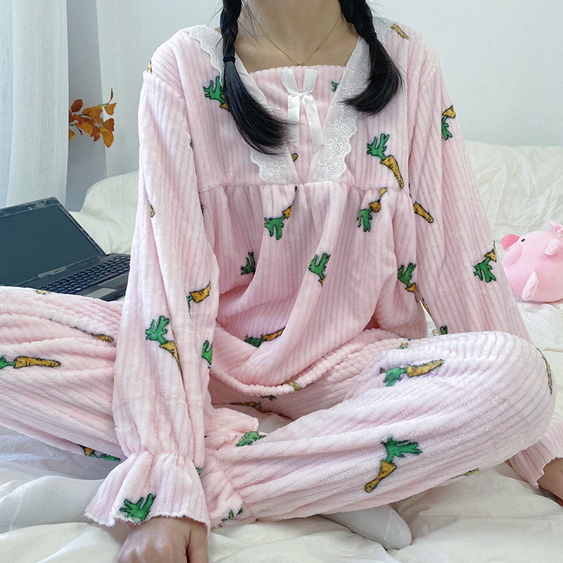 Autumn and winter long sleeve pajamas 2pcs set for women