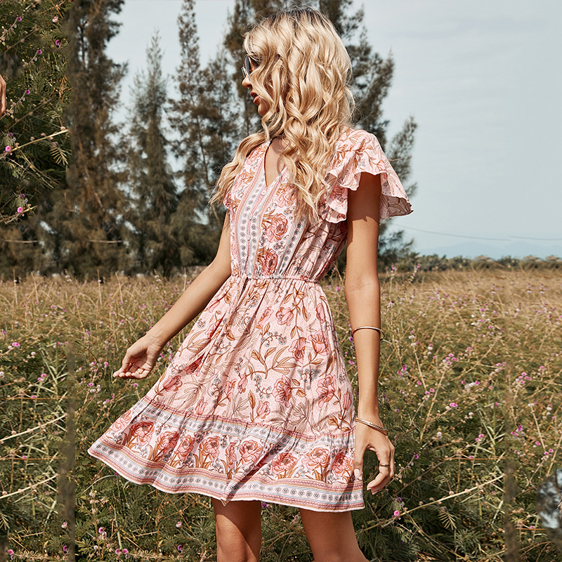 Spring and summer pink European style dress for women