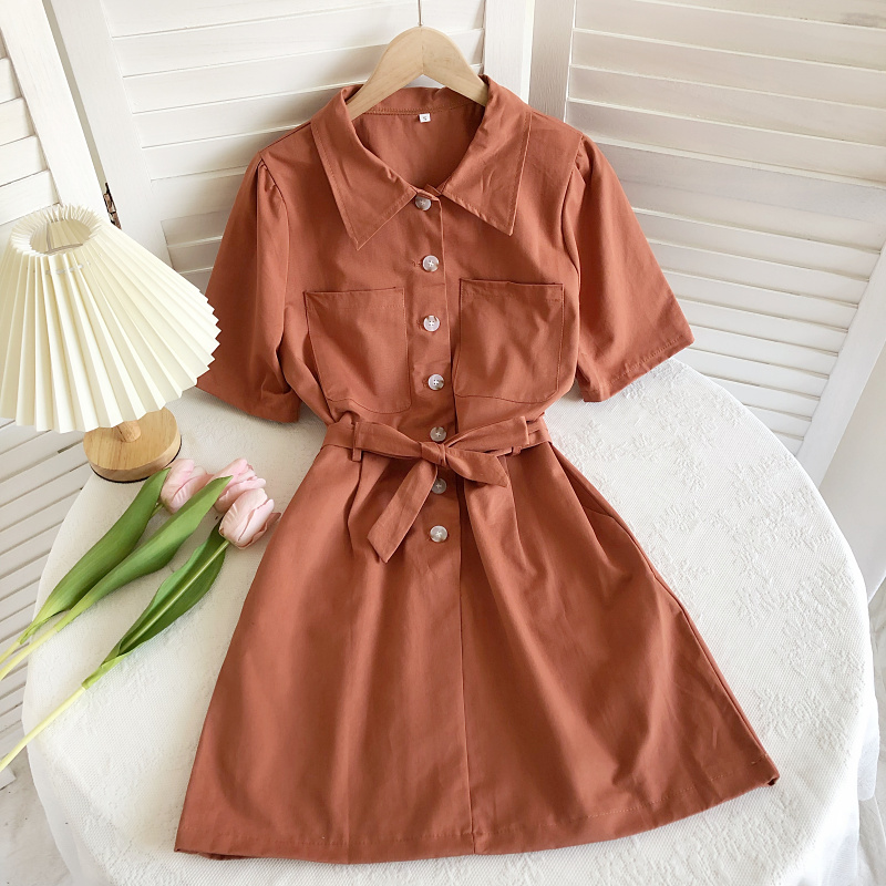 Short sleeve spring and summer single-breasted dress for women