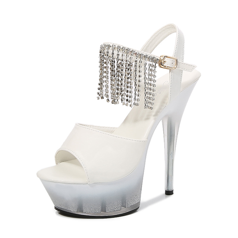High-heeled diamond fashion patent leather fish mouth sandals