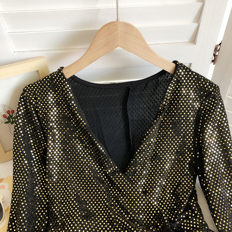 Sequins autumn and winter shirt V-neck tops for women