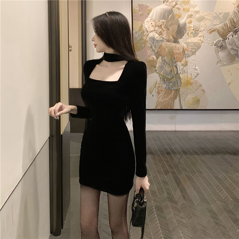 Slim halter sexy square collar temperament dress for women