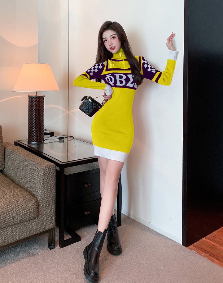 Mixed colors knitted sweater stripe long sleeve dress