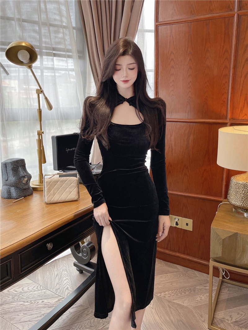 France style light dress black long dress for women