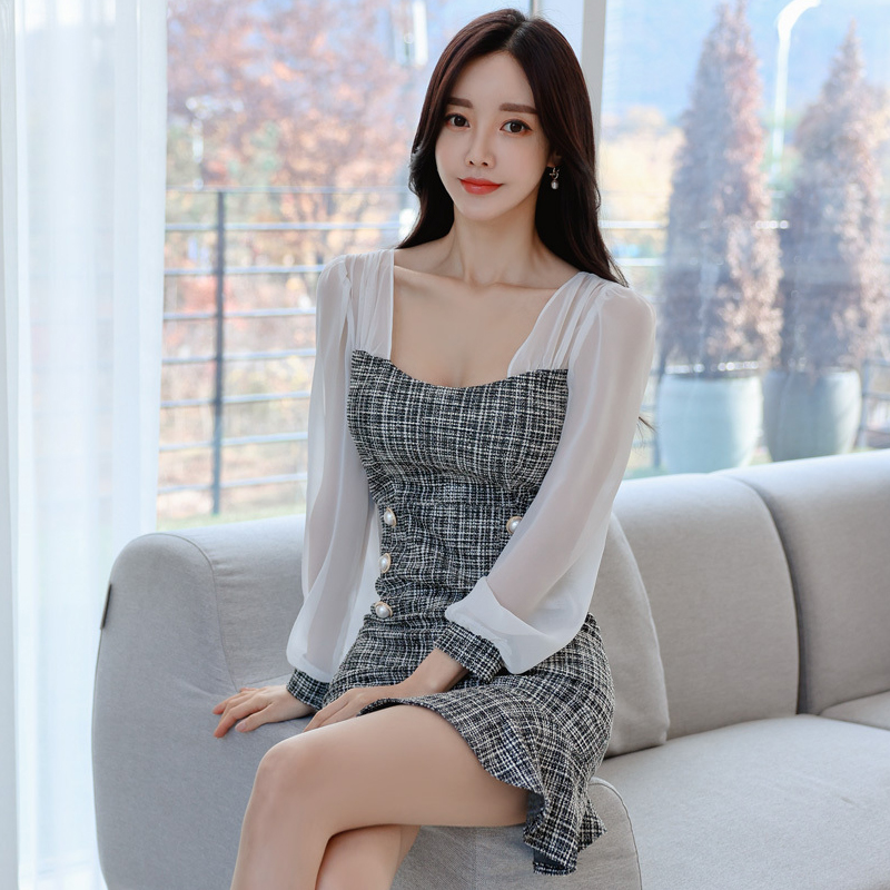 Korean style hip dress long sleeve T-back for women