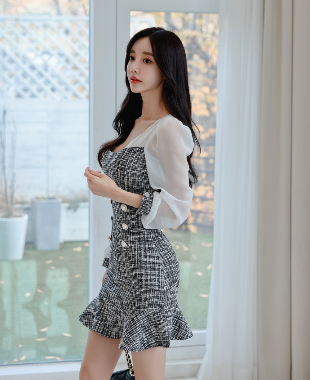 Korean style hip dress long sleeve T-back for women