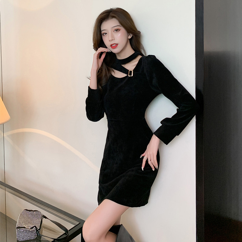 Corduroy velvet hollow elegant Korean style dress
