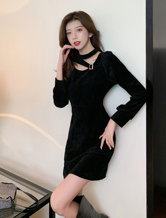 Corduroy velvet hollow elegant Korean style dress