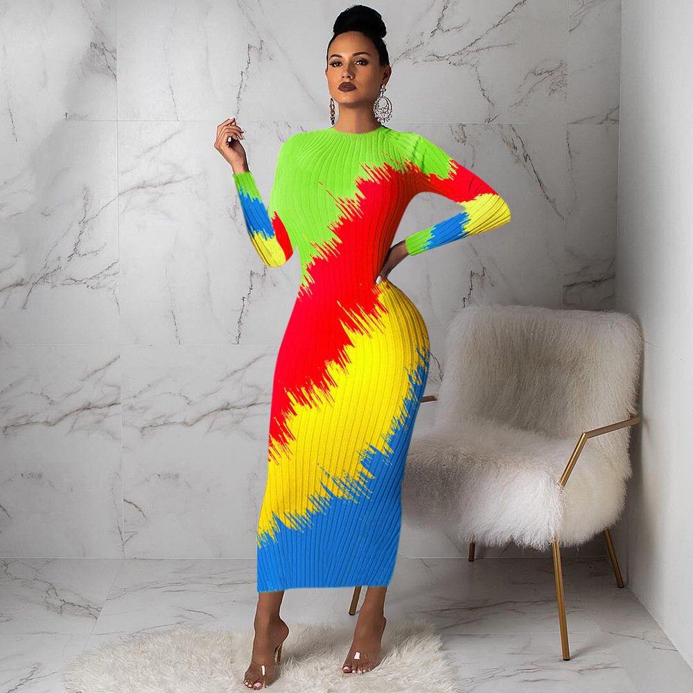 Printing sexy rainbow mixed colors slim dress for women