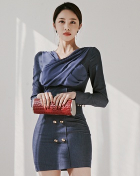 Korean style temperament V-neck double-breasted fashion dress