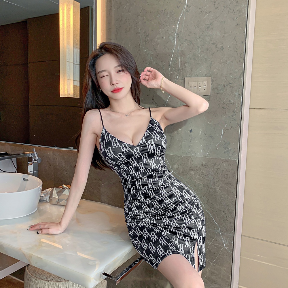 Sexy sling personality plaid letters leopard dress