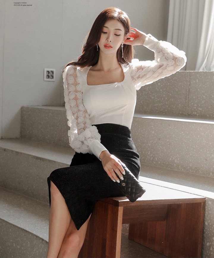 Knitted slim tops Korean style skirt 2pcs set