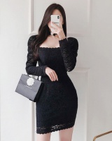 Lace square collar long sleeve spring dress