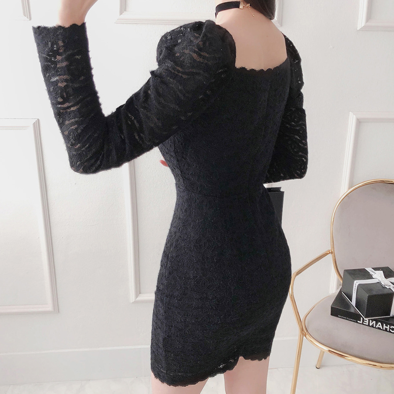Lace square collar long sleeve spring dress