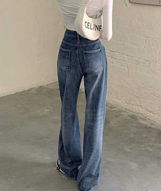 Drape washed loose long pants high waist slim jeans