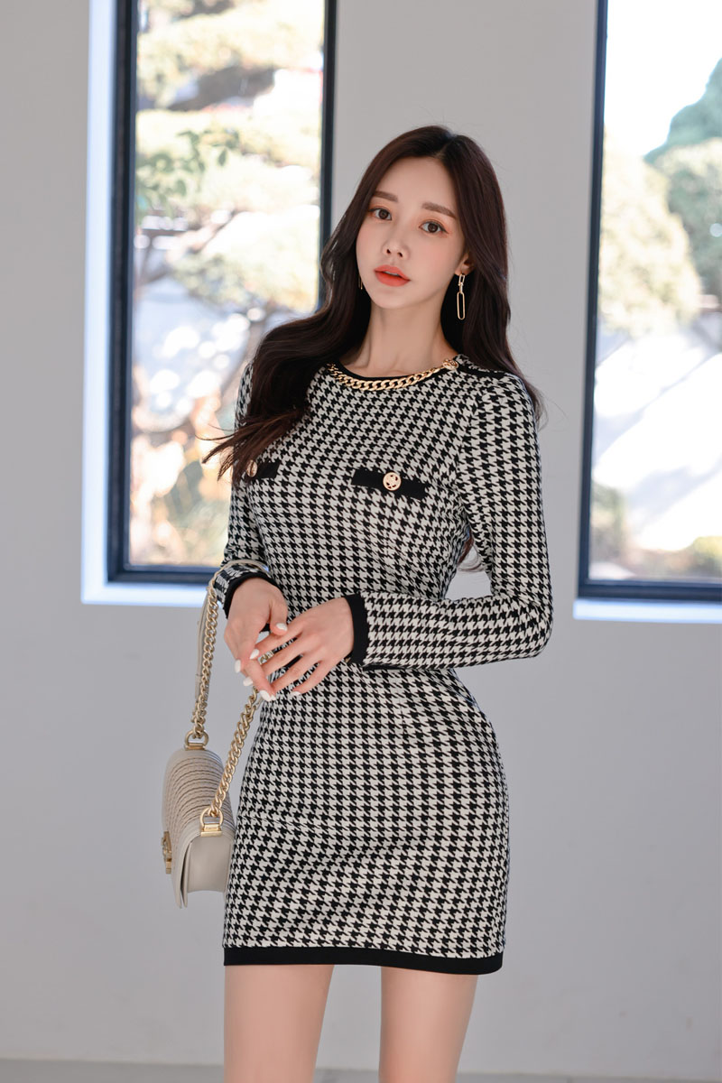 Temperament Korean style houndstooth slim dress