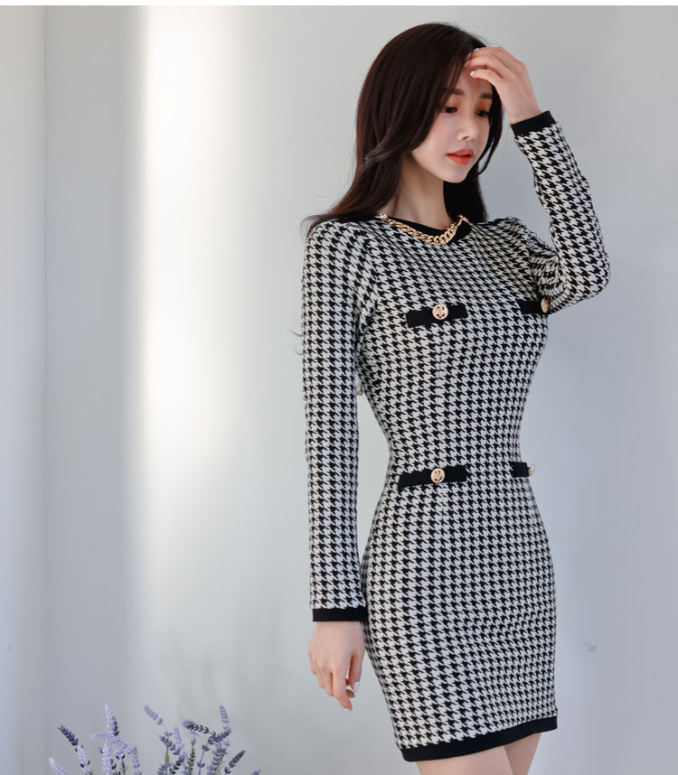 Temperament Korean style houndstooth slim dress