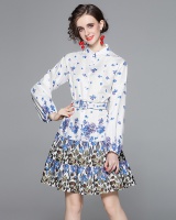 Printing long sleeve single-breasted pinched waist dress