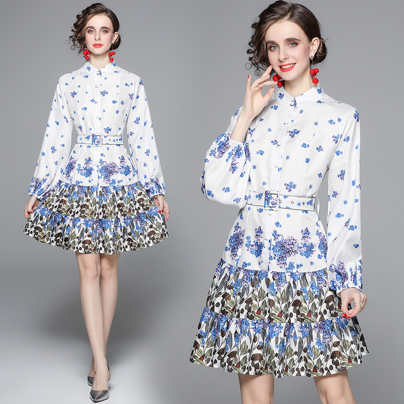 Printing long sleeve single-breasted pinched waist dress