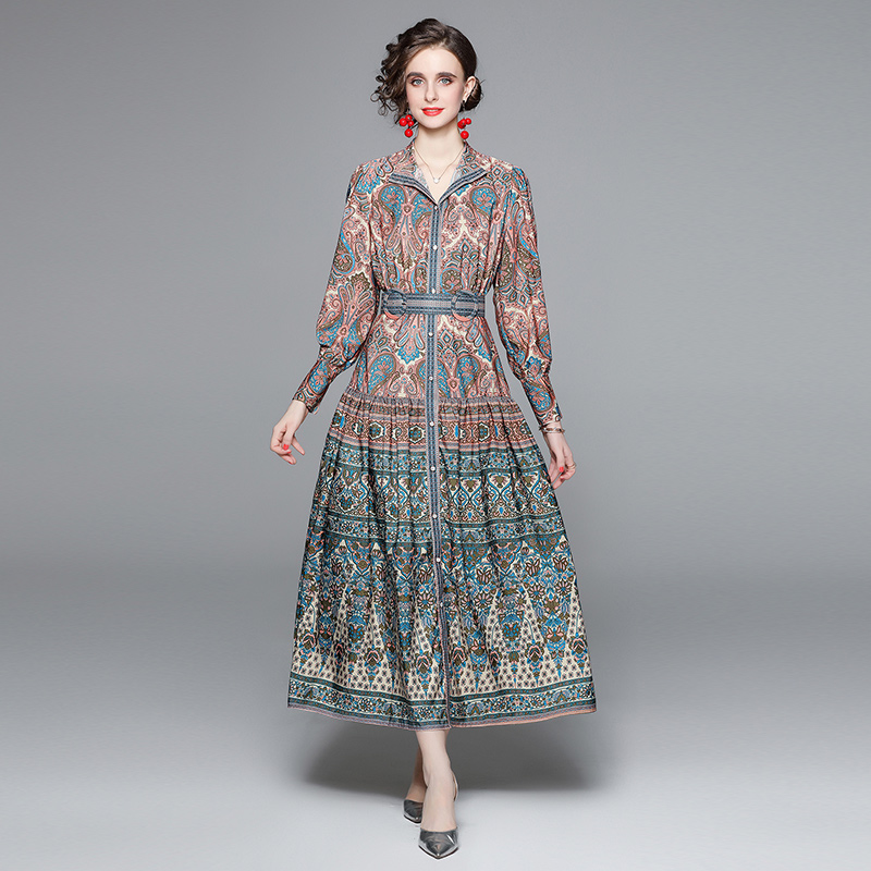 Long puff sleeve spring national style printing dress