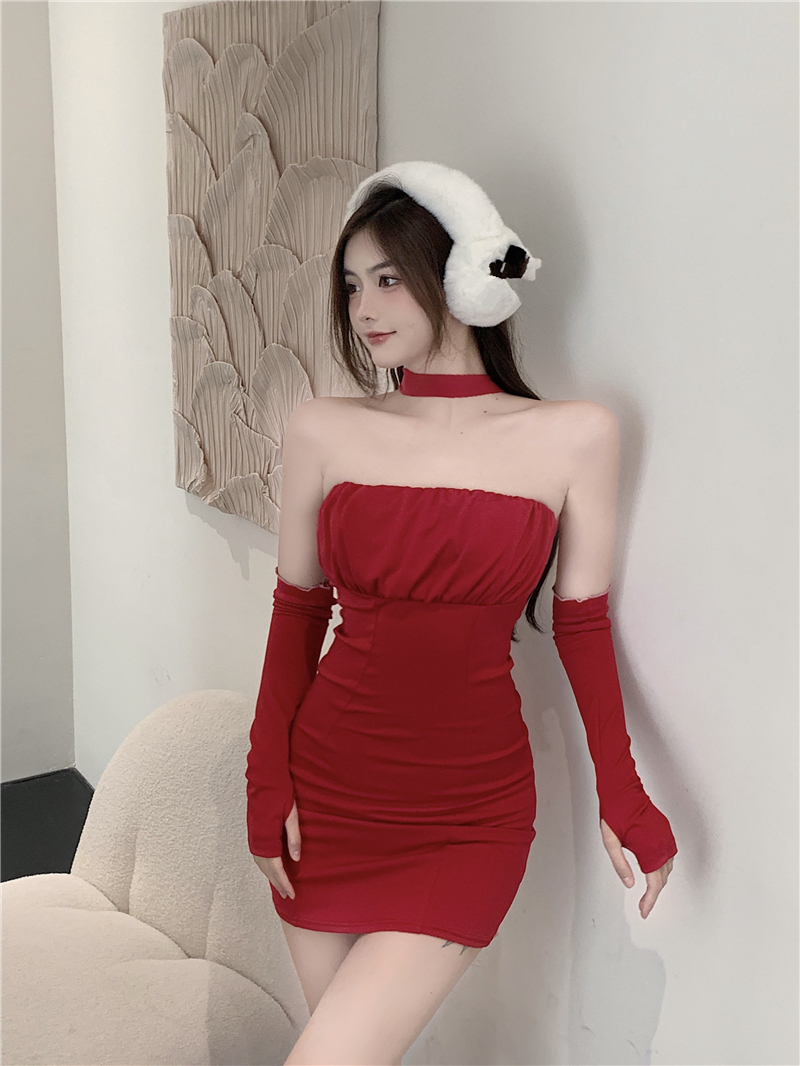 Halter pinched waist short slim wrapped chest sleeve dress
