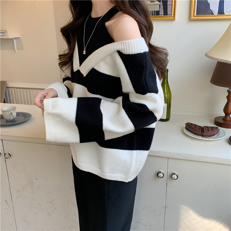 Long halter strapless sweater knitted loose stripe tops