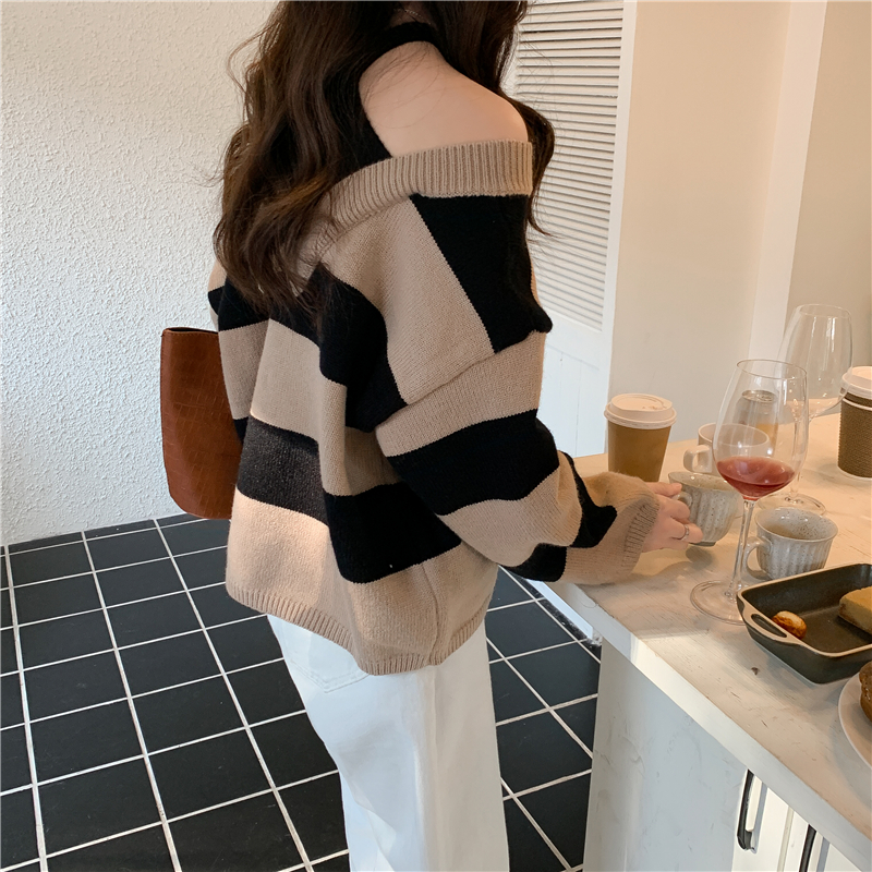 Long halter strapless sweater knitted loose stripe tops