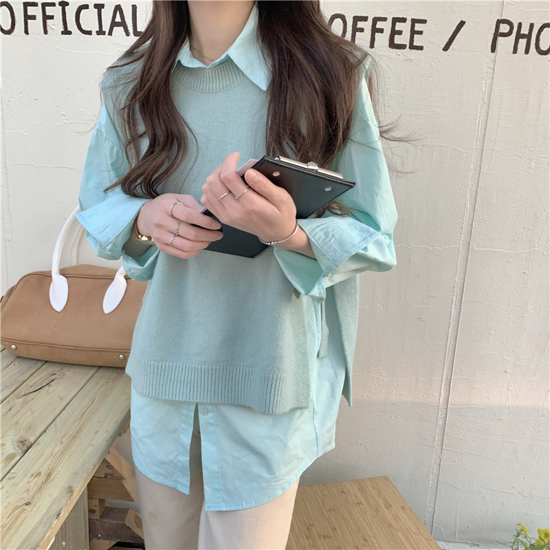 Round neck shirt Korean style waistcoat 2pcs set
