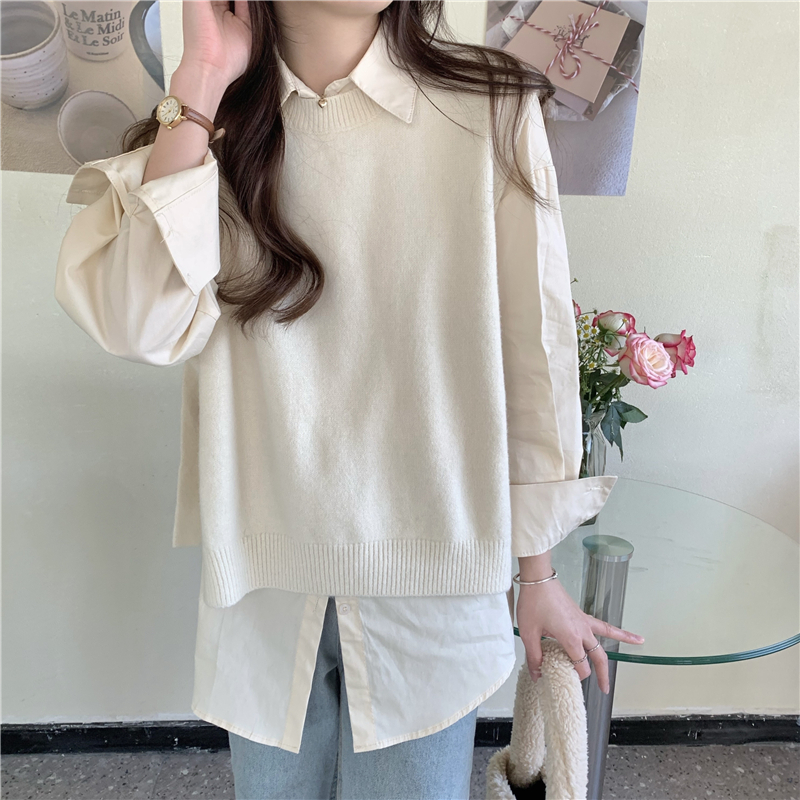 Round neck shirt Korean style waistcoat 2pcs set
