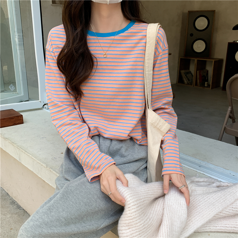 Round neck mixed colors bottoming shirt stripe T-shirt