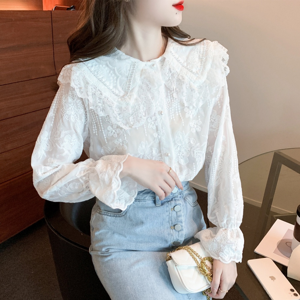 Western style doll collar long sleeve shirts sweet lace shirt