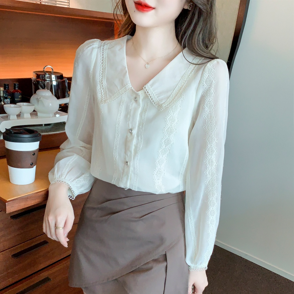 Lace hollow chiffon shirt doll collar shirt for women