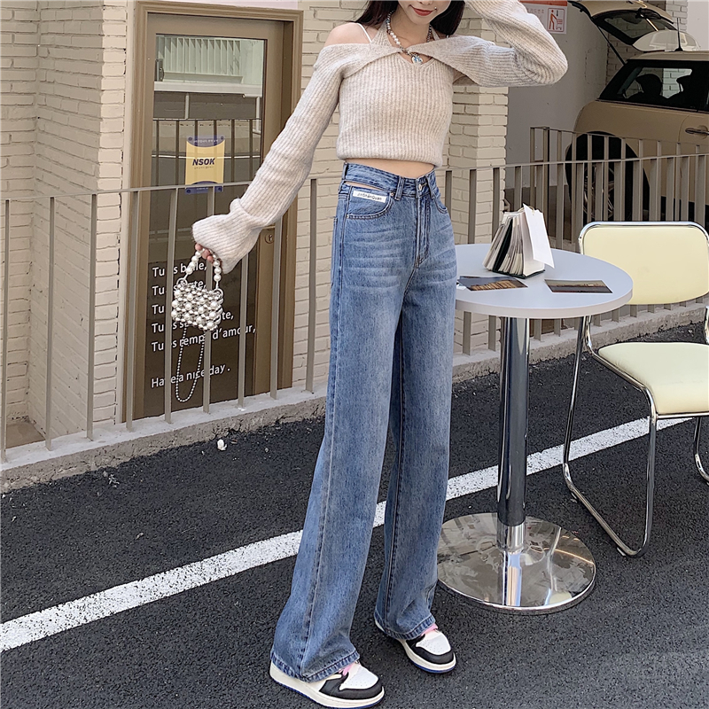 Slim washed wide leg pants hollow high waist jeans