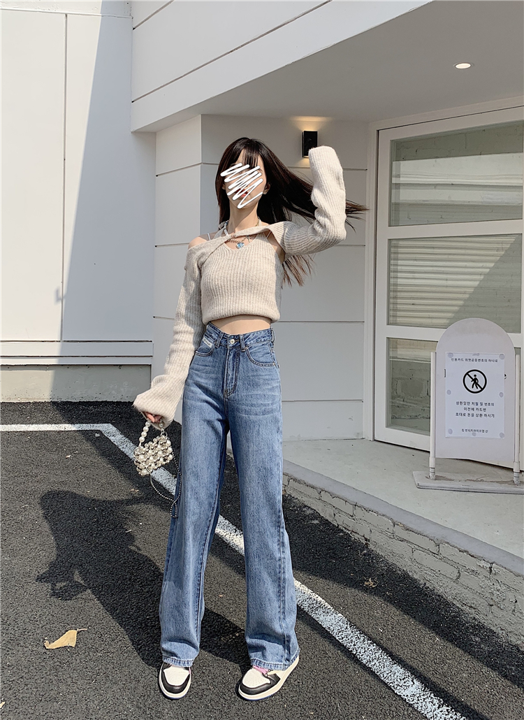 Slim washed wide leg pants hollow high waist jeans