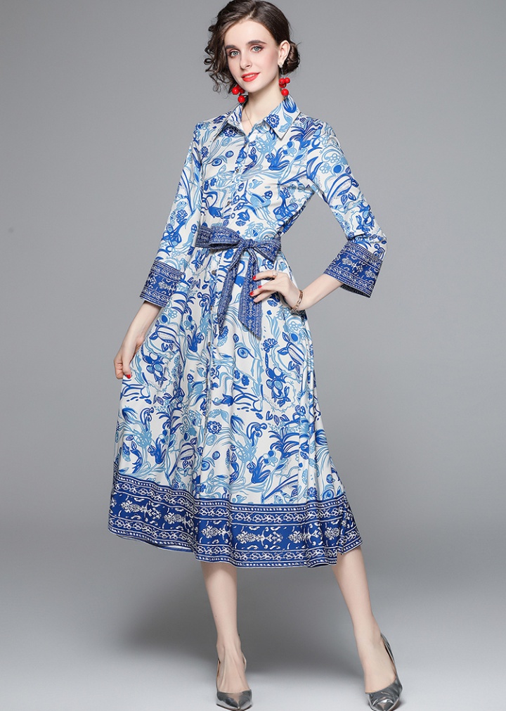 Printing spring pinched waist dress for women