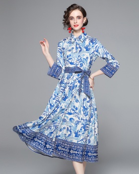 Printing spring pinched waist dress for women