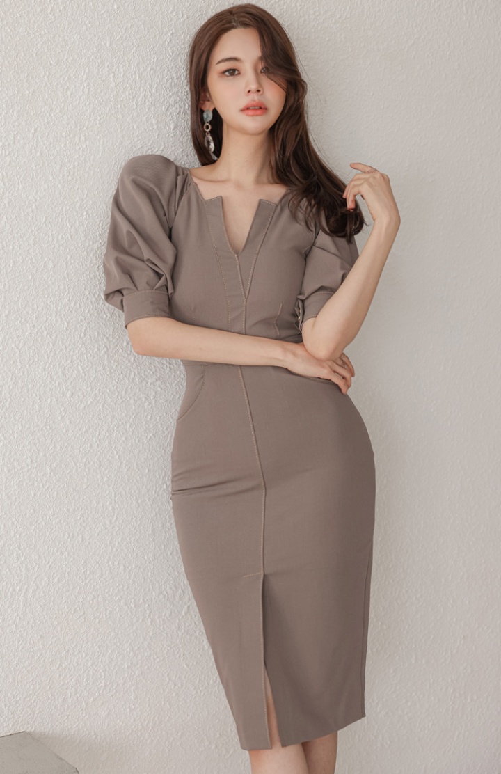 Short sleeve slim V-neck spring dress for women