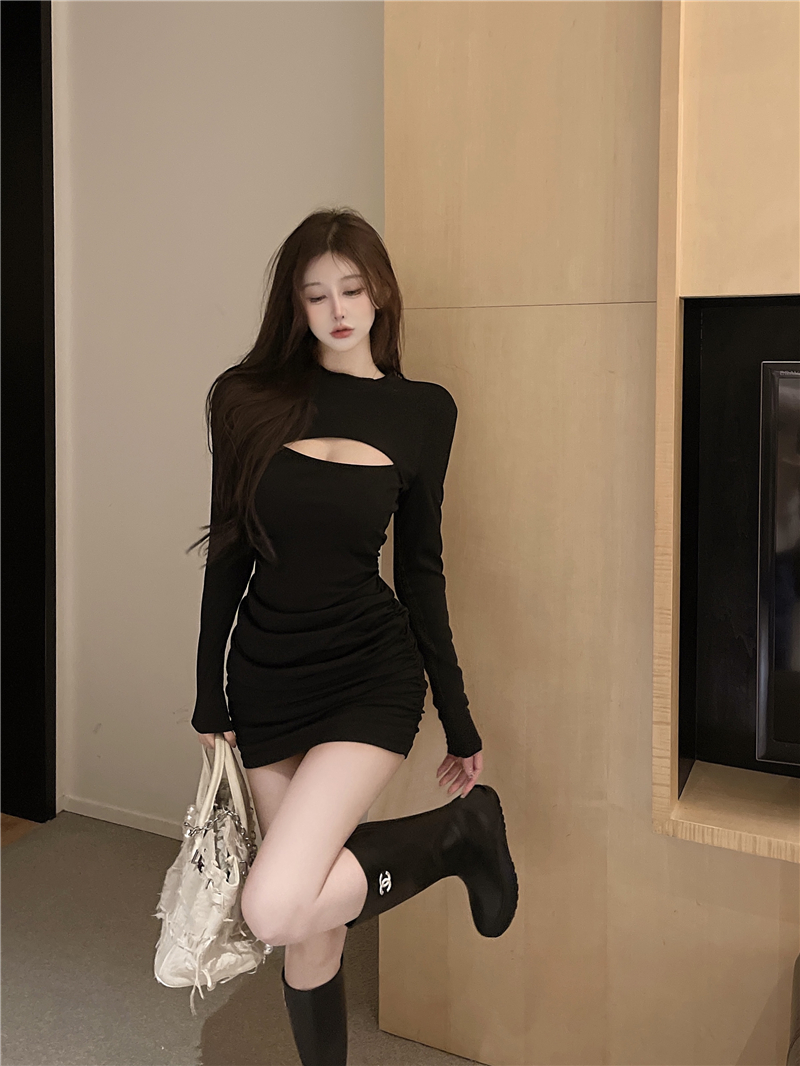 Sexy show chest package hip fold slim dress