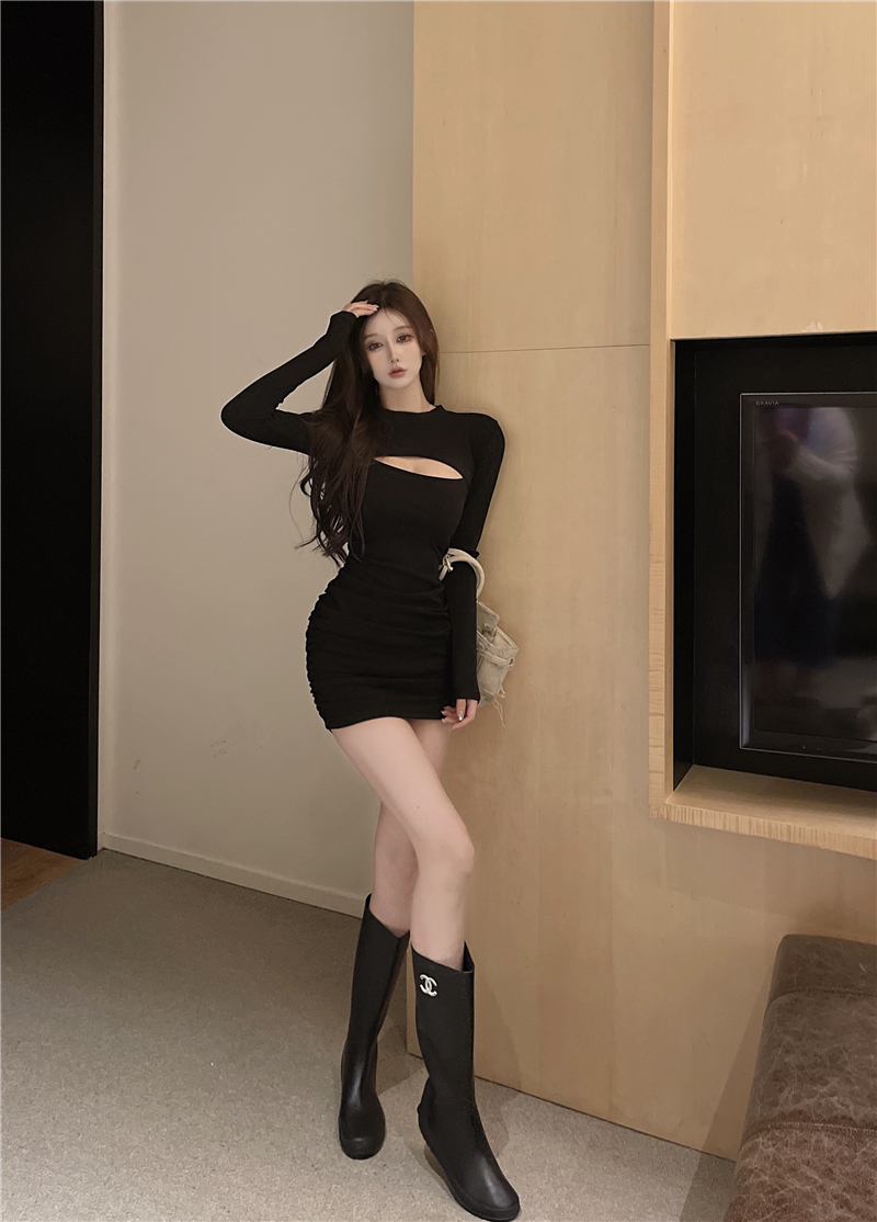 Sexy show chest package hip fold slim dress