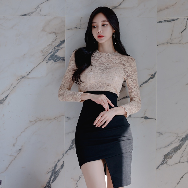 Splice Korean style long sleeve lace round neck dress