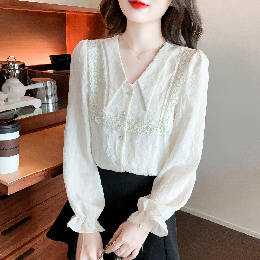 France style V-neck beautiful shirt chiffon lace tops