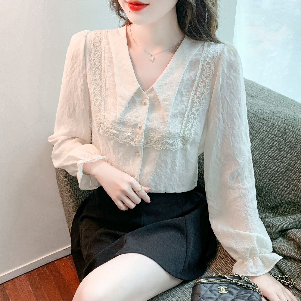 France style V-neck beautiful shirt chiffon lace tops