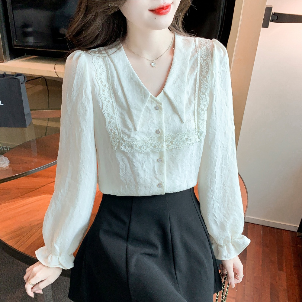 France style V-neck beautiful shirt chiffon lace tops