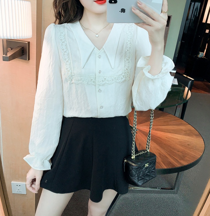 France style V-neck beautiful shirt chiffon lace tops