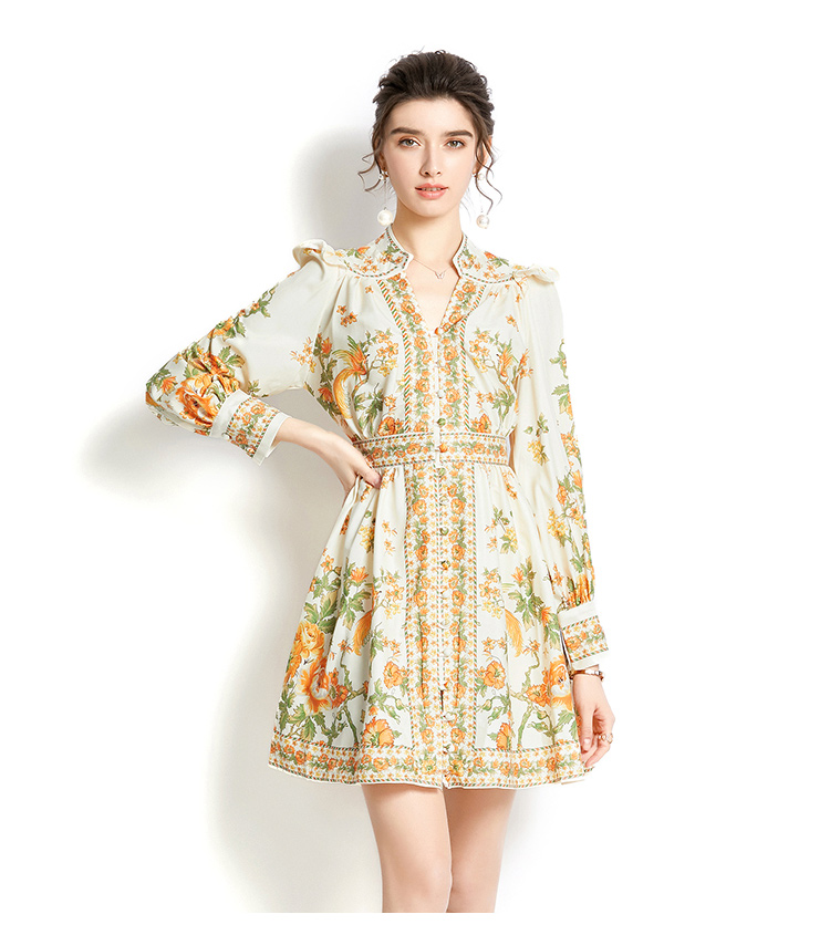 Printing lantern sleeve spring short winter V-neck dress