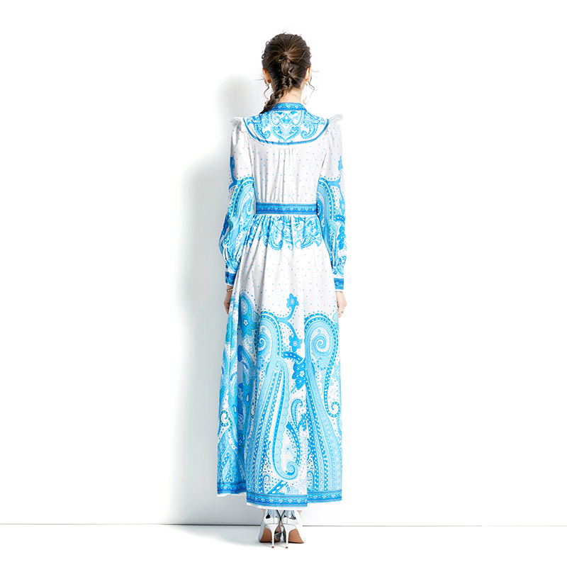 Winter printing V-neck spring long lantern sleeve dress