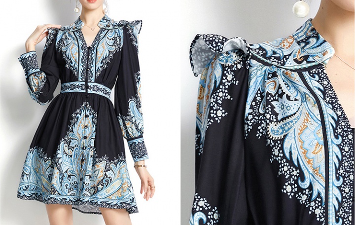 Lantern sleeve short winter V-neck printing dress