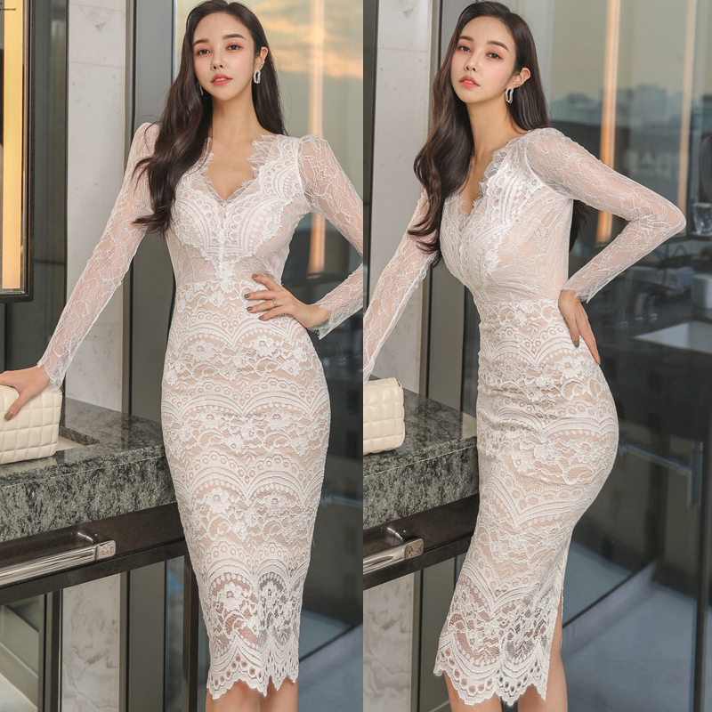 Lace long package hip sexy fashion Korean style dress