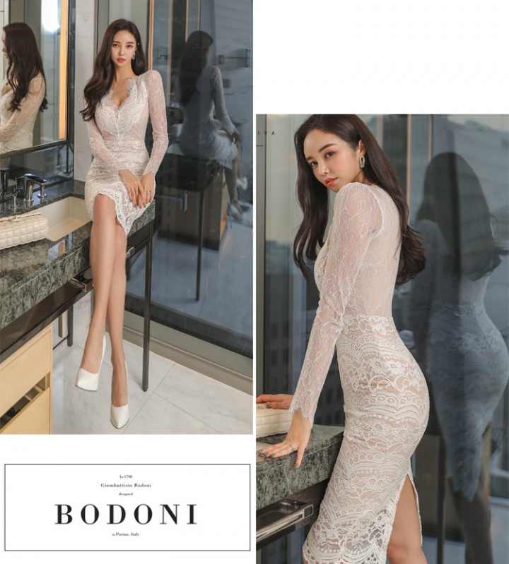 Lace long package hip sexy fashion Korean style dress